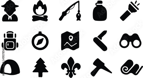 hand drawn adventure compass tent backpack hiking black icon set vector illustration design art
