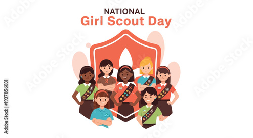 Illustration of diverse Girl Scouts celebrating National Girl Scout Day with teamwork and community service activities