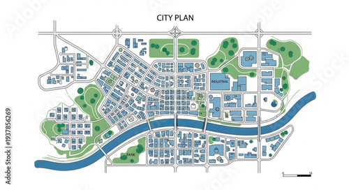 City Map with River and Parks.