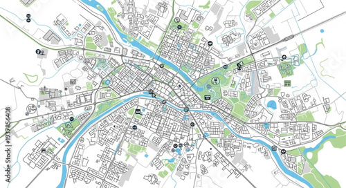 City Map with River and Roads.