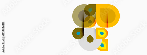 Abstract geometric shapes overlap, creating playful composition. Warm colors dominate, with hints cool tones. Minimalist design.