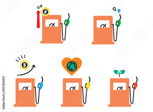 マーク付きガソリンスタンドのアイコンイラストセット 　給油機　セルフ給油