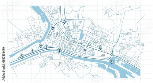 City Map with River and Roads.