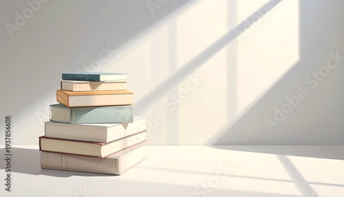 Stack of books illuminated by sunlight, against a blank wall, casting long, diagonal shadows