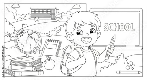 Young Boy Holding Pencil in Classroom.