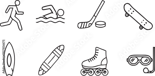 Outline sports icons: Running swimming hockey skateboarding surfing