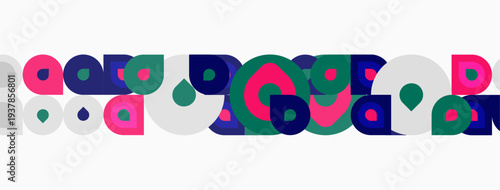 Abstract geometric shapes, circles, squares, rectangles. Colorful pattern repeats horizontally. Minimalist design, modern aesthetic.