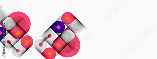 Abstract geometric shapes overlap, creating vibrant color patterns. Pink, purple, orange hues dominate white background. Modern design.