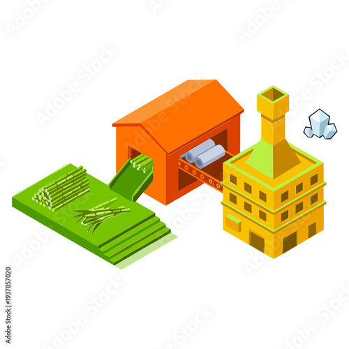 An industrial factory processes raw materials from a pile of green bundles to produce smoke emitting from its chimney.