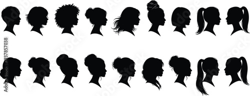 Collection of diverse female head silhouette profiles set, black vector illustration of women faces with different hairstyles isolated on white background for design use