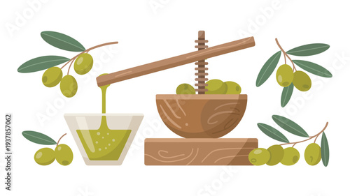 An illustration of a traditional olive oil press with green olives and fresh oil