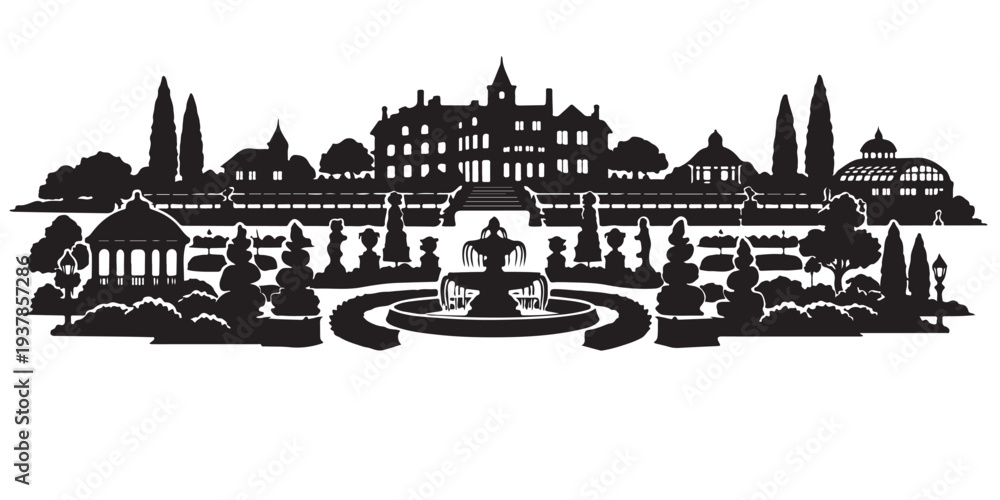 Fototapeta premium Large Estate Flower Garden Silhouette, Silhouette Vector, Isolated on White Background