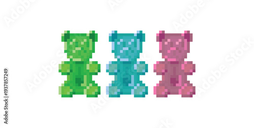 Gummy bears isolated on white background. Vector illustration. Pixel art.