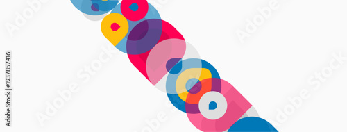 Abstract colorful circles overlap diagonally. Bright hues create dynamic visual pattern. Simple shapes, modern design.