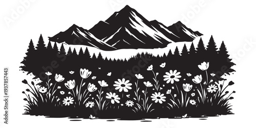 Mountain View Flower Garden Silhouette, Silhouette Vector, Isolated on White Background