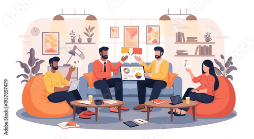 Team collaborating in a modern office space with charts and graphs on laptops and tablets