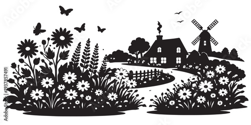 Country Flower Garden Landscape Silhouette, Silhouette Vector, Isolated on White Background