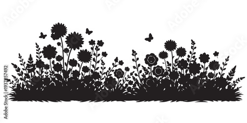 Floral Border Garden Silhouette, Silhouette Vector, Isolated on White Background