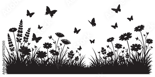 Butterfly Meadow Garden Silhouette, Silhouette Vector, Isolated on White Background