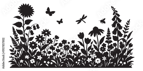 Summer Blooming Garden Silhouette, Silhouette Vector, Isolated on White Background