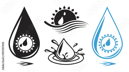 Water droplet icons with sun and wave elements for eco friendly designs