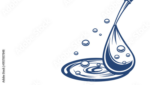 Water droplet falling into liquid with ripples and bubbles