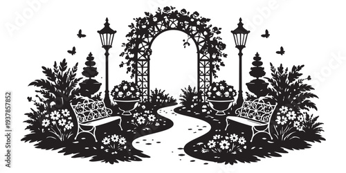 Ornamental Garden Landscape Silhouette, Silhouette Vector, Isolated on White Background