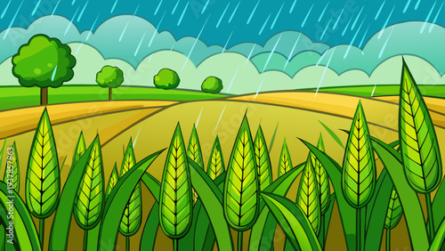 Rainy day in a vibrant green and yellow agricultural field