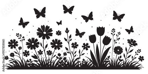 Spring Flower Garden with Butterflies Silhouette, Silhouette Vector, Isolated on White Background