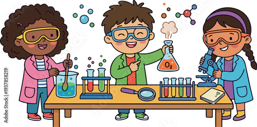 Kid scientist doing experiment cartoon illustration