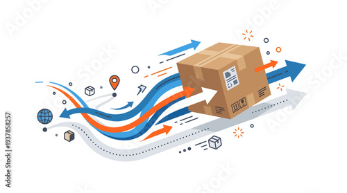 Express delivery of a package with speed and efficiency symbolized by flowing lines and arrows
