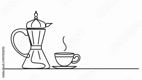 A simple line drawing of a coffee pot and cup on a table