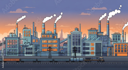 Industrial factory complex with smoking chimneys at sunset.
