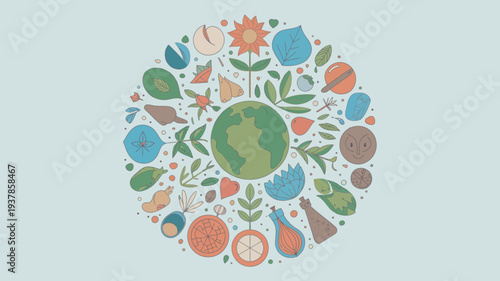 A vibrant illustration of the Earth surrounded by various eco-friendly icons and symbols of nature and sustainability.
