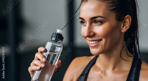 Smiling athletic woman hydrating with a water bottle, post-workout refreshment, fitness and wellness lifestyle
