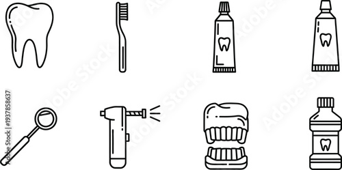Dental hygiene icons including tooth toothbrush toothpaste mouthwash dental pick electric toothbrush dental floss and mouth rinse