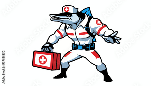 Dynamic cartoon illustration of a muscled shark character embodying an emergency responder, complete with a medical uniform and a rescue kit for critical situations