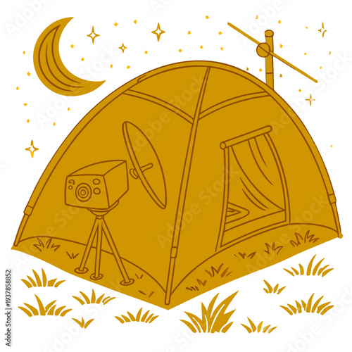Modern Camping Tent with Satellite Dish and Video Projector Illustration, Digital Nomad and Outdoor Cinema Concept, High Tech Glamping Under Moon and Stars, Remote Work and Travel Graphic