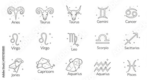 Collection of Zodiac Signs Astrology Symbols and Constellations.