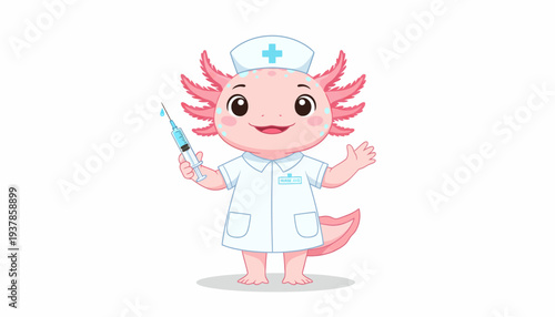 Adorable cartoon axolotl character dressed as a friendly nurse, gently holding a syringe and ready to offer caring medical assistance and cheerful support