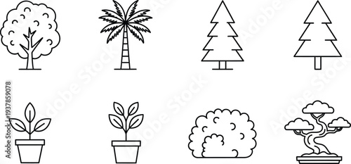 A collection of various tree and plant illustrations in simple line art style