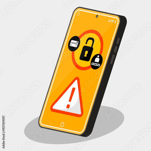 Smartphone security warning with unlocked padlock for credit card and personal account. Representing data breach, hacking risk, identity theft, password leak, and mobile cybersecurity threat