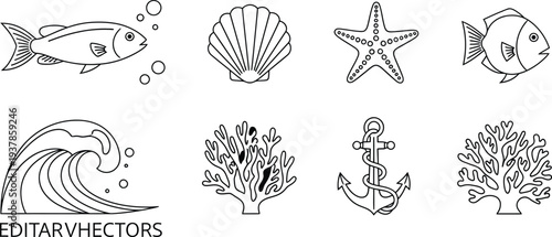 Underwater ocean elements and sea icons set