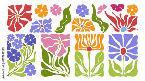 Abstract doodle floral patterns with Matisse style flowers and leaves. Retro vector design for trendy posters with cut out plants, botanical prints with groovy vintage style.