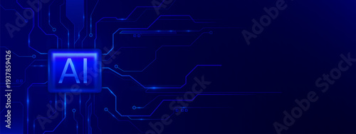 AI chip board with neon glowing circuit pattern and tech element, abstract vector background. Poster design with digital processor with blue semiconductor architecture and intelligent computing power.