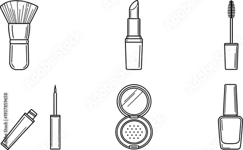 Collection of makeup brushes and cosmetic products