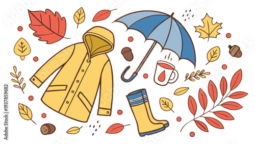 Vector illustration of Autumn rainy day essentials illustration set with yellow raincoat umbrella boots and falling leaves