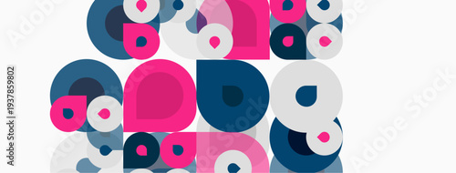 Abstract circles overlap, creating playful pattern. Pink, blue, white hues dominate composition. Modern design element.