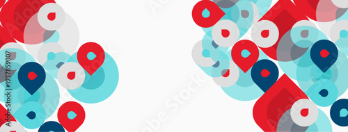 Abstract design features overlapping circles, red, blue hues. Minimalist style creates modern visual impact. Clean background enhances shapes.
