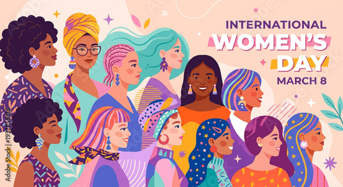 International Women's Day banner design with a multiracial group of diverse women standing together.  Vector illustration of women of different cultures, ethnicities, and religions symbolizing unity .